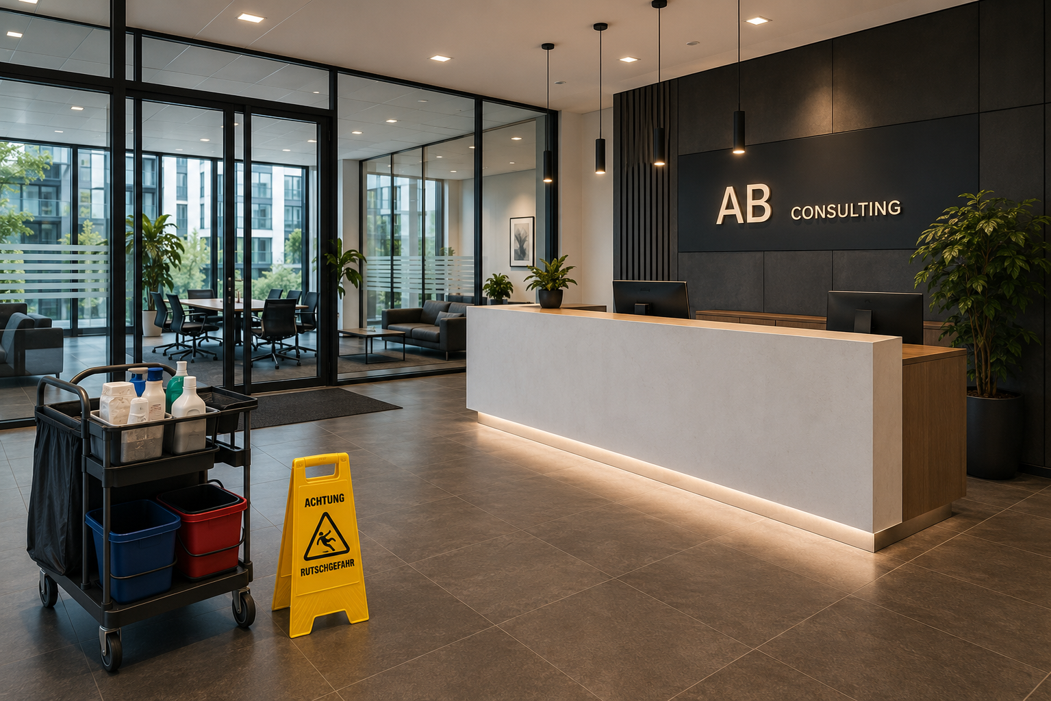 Moderner Gewerbe- und Bürobereich als Beispiel für Gebäudereinigung und Objektbetreuung